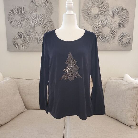Coldwater Creek Embellished Christmas Tree Tee Sz Large - Picture 1 of 10